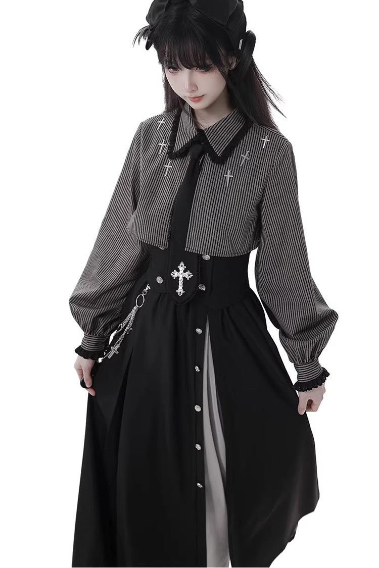Black [Hymn of the Cross] Long Sleeves Printed Ruffled Asymmetric Chain-Decorated Gothic Jirai Kei Skirt Set - Product - 7