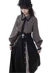 Black [Hymn of the Cross] Long Sleeves Printed Ruffled Asymmetric Chain-Decorated Gothic Jirai Kei Skirt Set - Product - 7