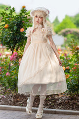 Apricot [Moon goddess *Mediana*] Polka Dot Print Ruffle Bowknot Asymmetric Sweet Elegant Lolita Dress - Product - 3