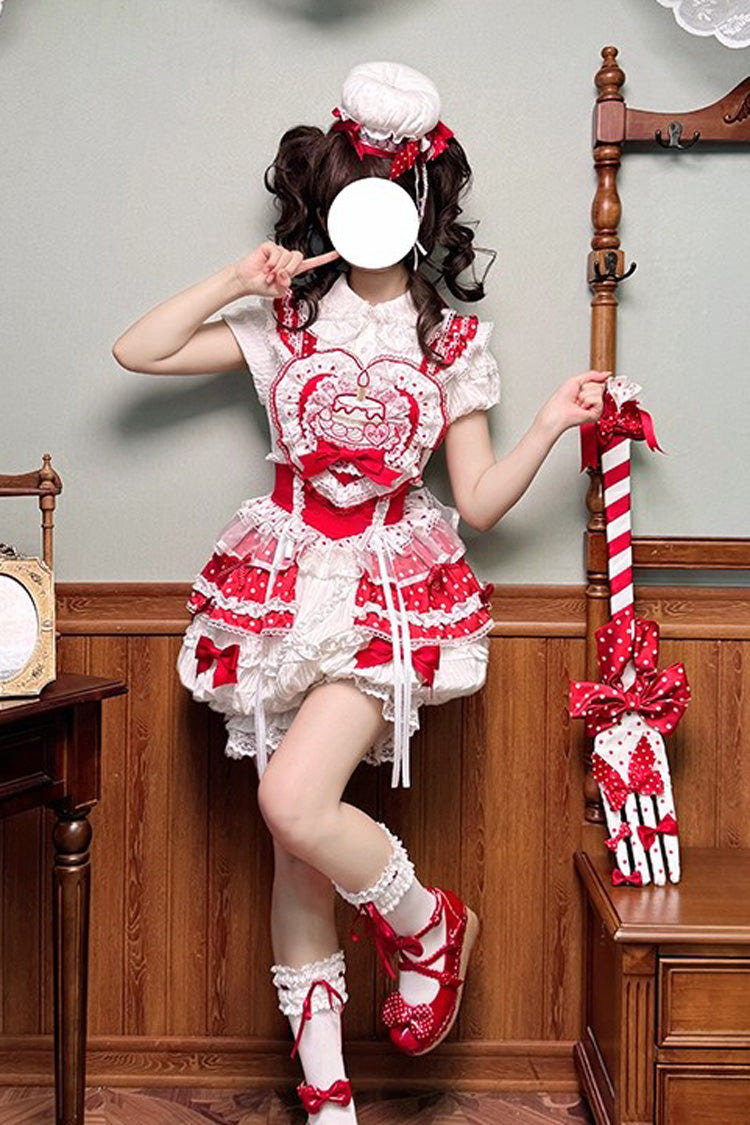 Red/White [Twin Bears] Birthday Cake Sleeveless Print Ruffle Bowknot Lace Sweet Lolita Small Flower Bud Dress - Product - 8