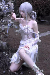 White [Redemption of the Deity] Drawstring Ruffle Embroidery Lace Pleated Gothic Lolita Jsk Dress - Product - 6