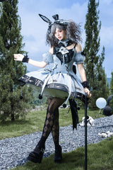 Blue [The Clock Rabbit's Card Game] Sleeveless Jacquard Ruffled Embroidered Bow Lace-Up Gothic Lolita Jsk Dress - Product - 6
