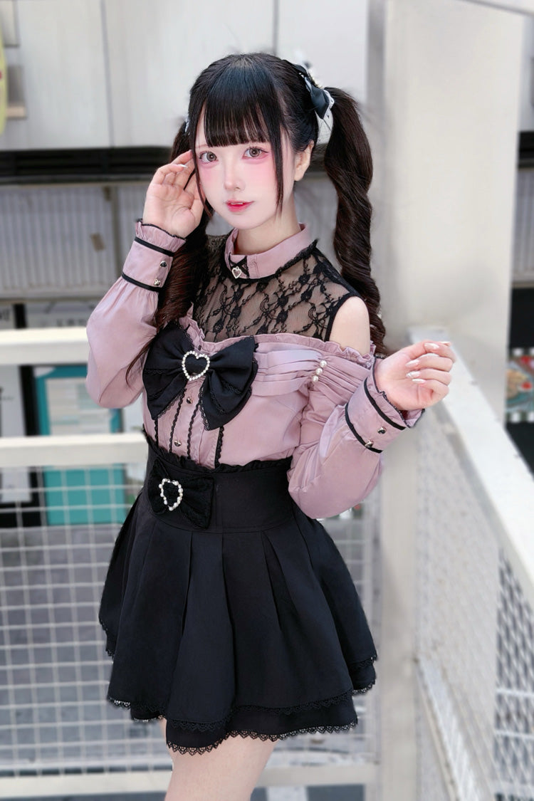 [Frosted Pearl Princess] Round Collar Off Shoulder Long Sleeves Bow Lace Sweet Jirai Kei Japanese Skirt Set 2 Colors - Pink/Black(Set) - 1