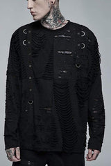 Black Gothic Broken Holes Knitted Fabric Stitching Metal Buckle Detachable Decorative Tape Long Sleeve Men's T-Shirt - Black - 1