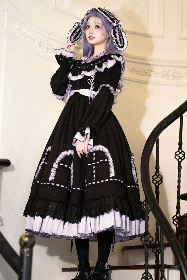 Black [Twin Lilian] Round Collar Long Sleeves Double-Layered Ruffled Bow Lace-Up Gothic Lolita Dress - Product - 9