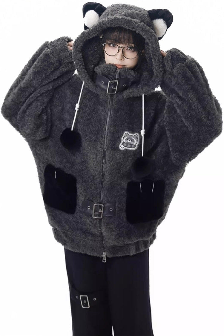 Black/Grey [Little Hibernating Bear] Long Sleeves Hooded Zippered Sweet Lolita Coat and Pants Set - Full-Set - 1