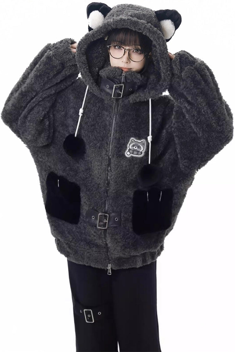 ブラック／グレー [Little Hibernating Bear] 長袖フード付き ジッパー付きスウィートロリータコートとパンツのセット 商品画像