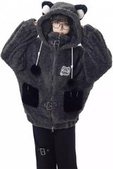 Black/Grey [Little Hibernating Bear] Long Sleeves Hooded Zippered Sweet Lolita Coat and Pants Set - Full-Set - 1