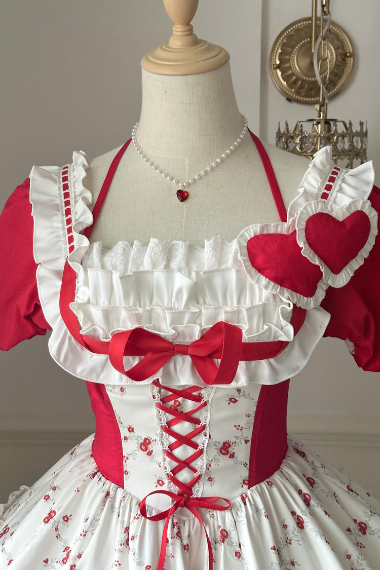 Red Double-Layered Floral Print Ruffle Bowknot Sweet Lolita Dress - Product - 9