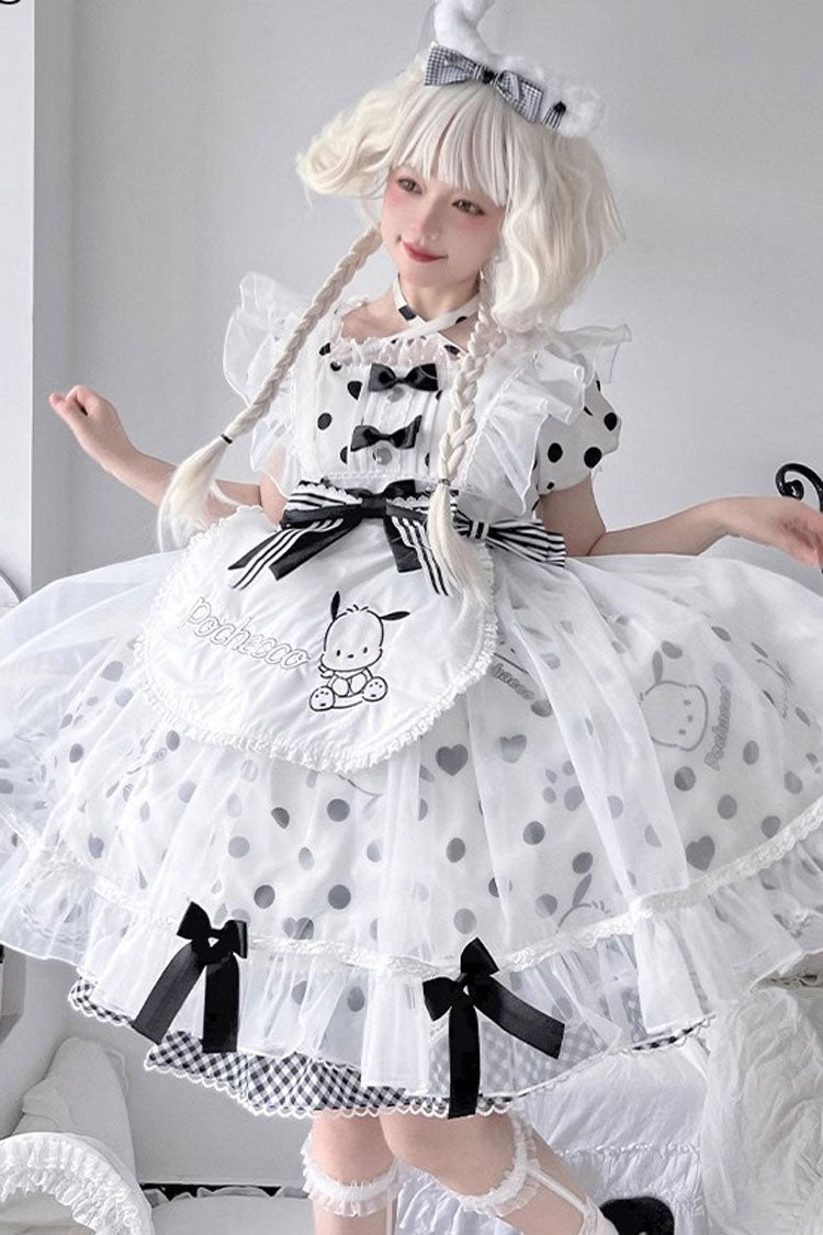 White/Black Short Sleeves Pacha Dog Polka Dots Print Ruffle Bowknot Alice Sweet Lolita Dress - Product - 4