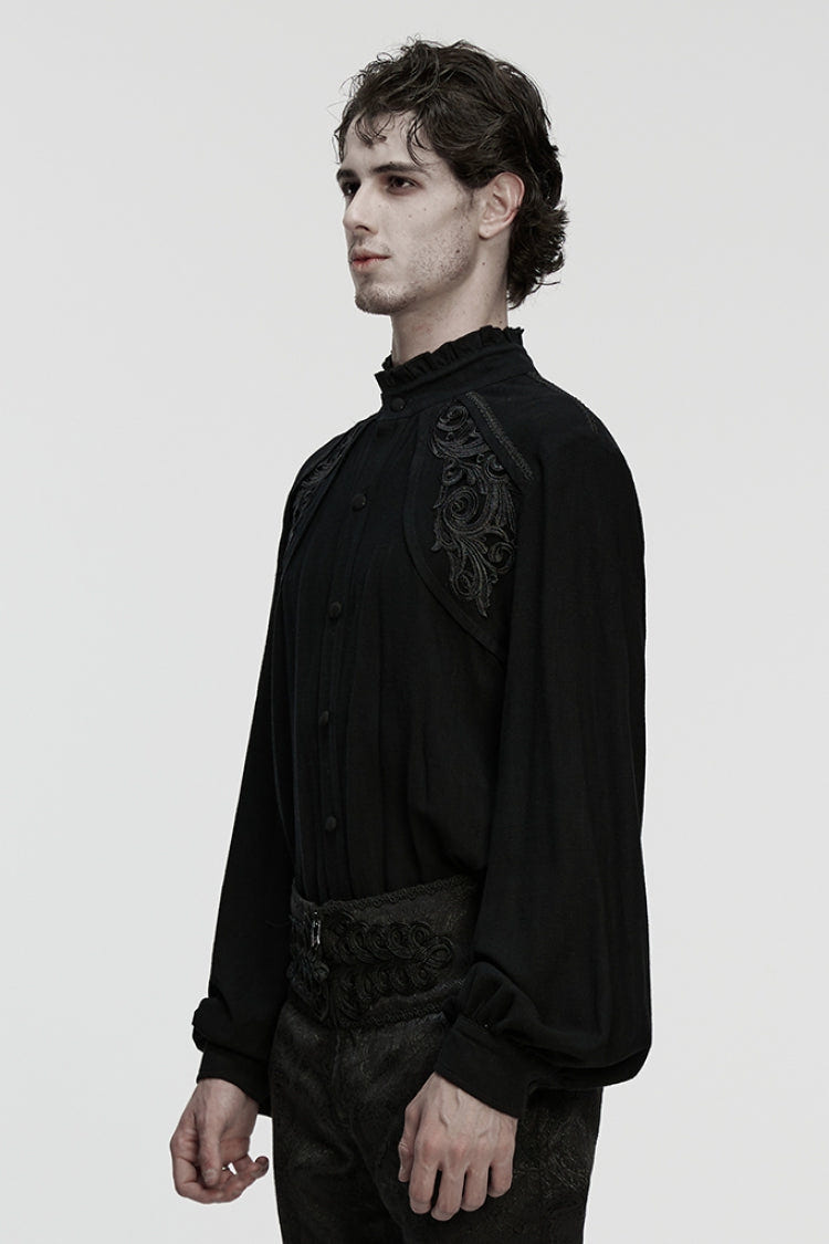 Black Stand Collar Long Lantern Sleeves Floral Jacquard Men's Gothic Blouse - Product - 2