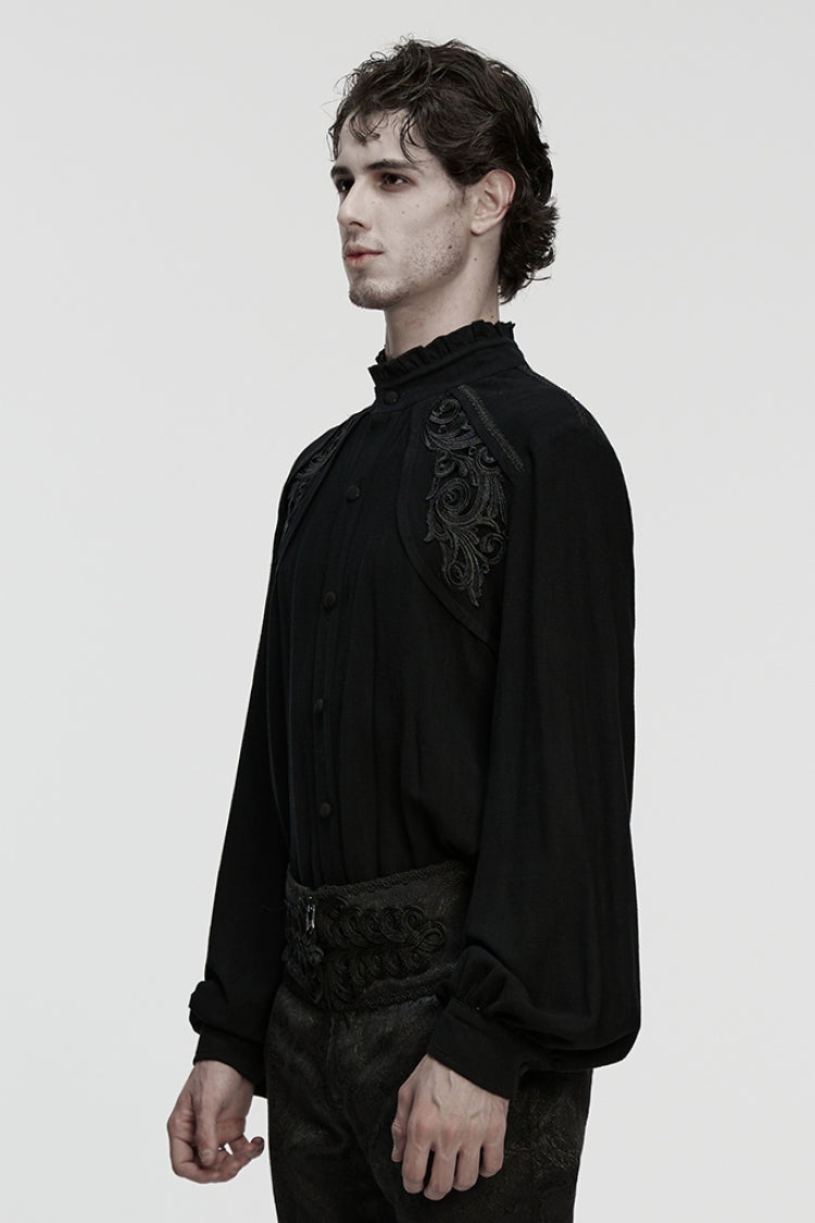 Black Stand Collar Long Lantern Sleeves Floral Jacquard Men's Gothic Blouse - Product - 2
