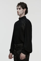 Black Stand Collar Long Lantern Sleeves Floral Jacquard Men's Gothic Blouse - Product - 2