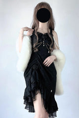 Black [Camellia 2.0] Sleeveless Jacquard Ruffle Lace Asymmetric Gothic Chinese Style Fishtail Lolita Jsk Dress - Product - 2