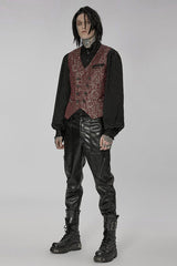 Red Punk Gorgeous V Neck Asymmetrical Relief Sculpture Jacquard Double Row Hand Seam Button Men's Vest - Product - 4