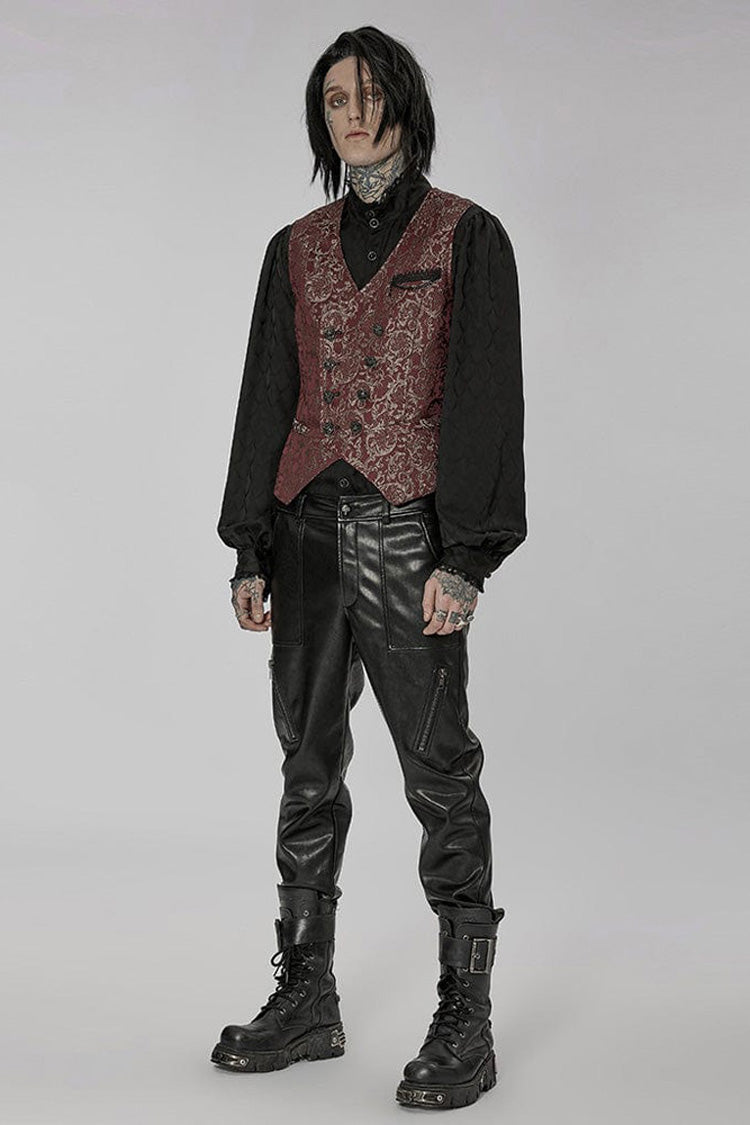 Red Punk Gorgeous V Neck Asymmetrical Relief Sculpture Jacquard Double Row Hand Seam Button Men's Vest - Product - 4