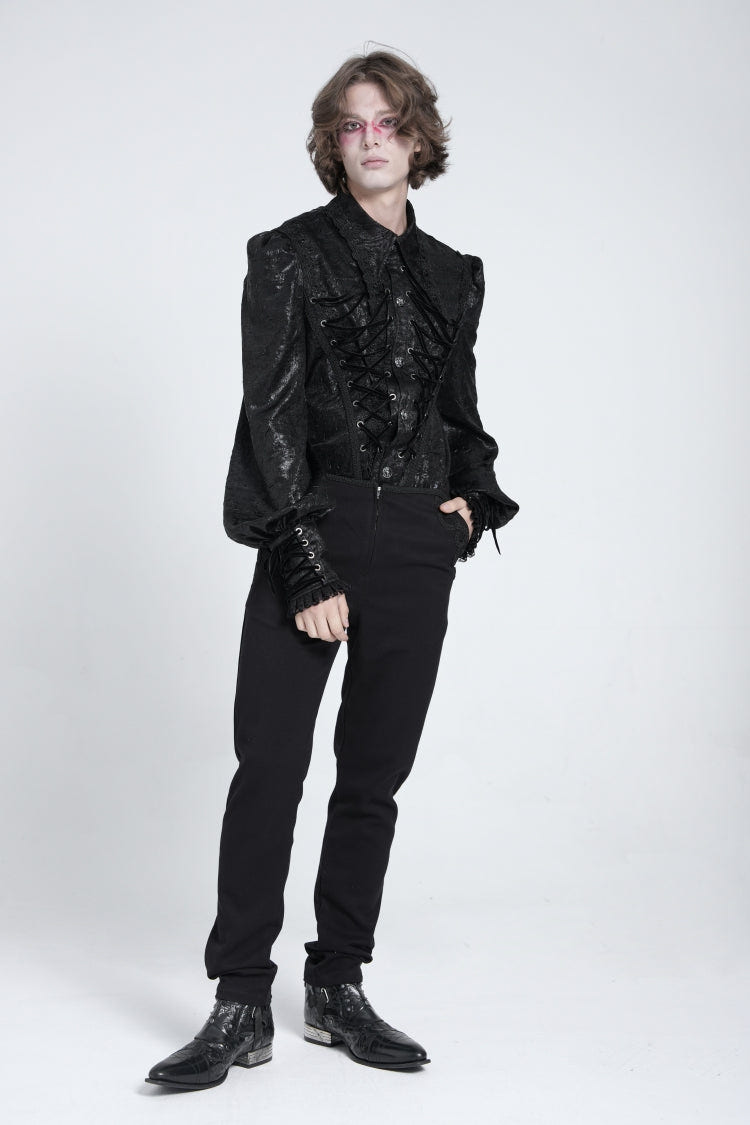 Black Long Puff Sleeves Jacquard Lace Men's Gothic Blouse - Product - 6