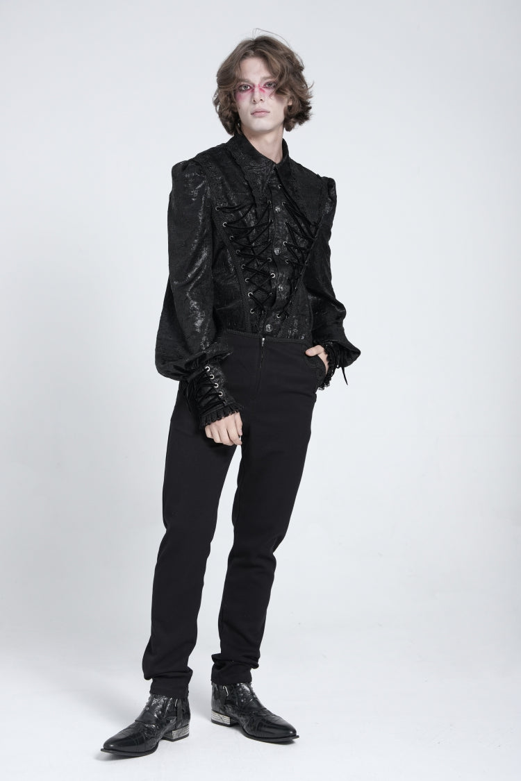 Black Long Puff Sleeves Jacquard Lace Men's Gothic Blouse - Product - 6