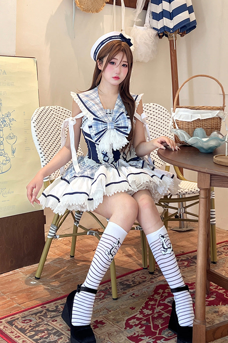 Blue/White [Sailing Love] Navy Collar Sleeveless Plaid Print Ruffle Bowknot Sweet Lolita Dress - Product - 4