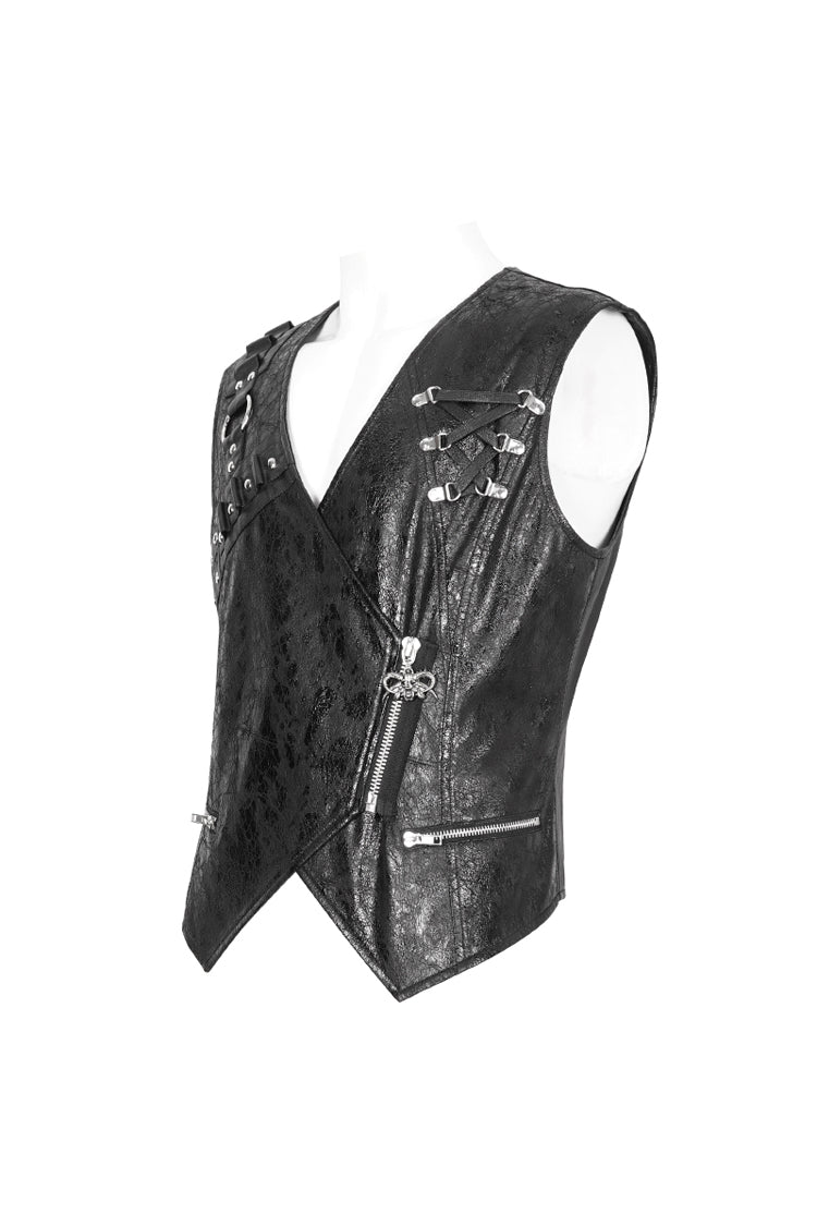 Black Zipper Faux Leather Men's Punk Waistcoat - Product - 10