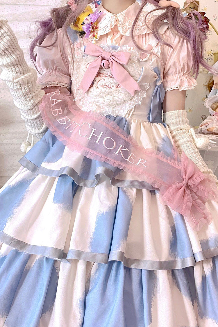 Blue Sleeveless Triple-Layered Cow Print Ruffle Bowknot Sweet Lolita Jsk Dress - Product - 20