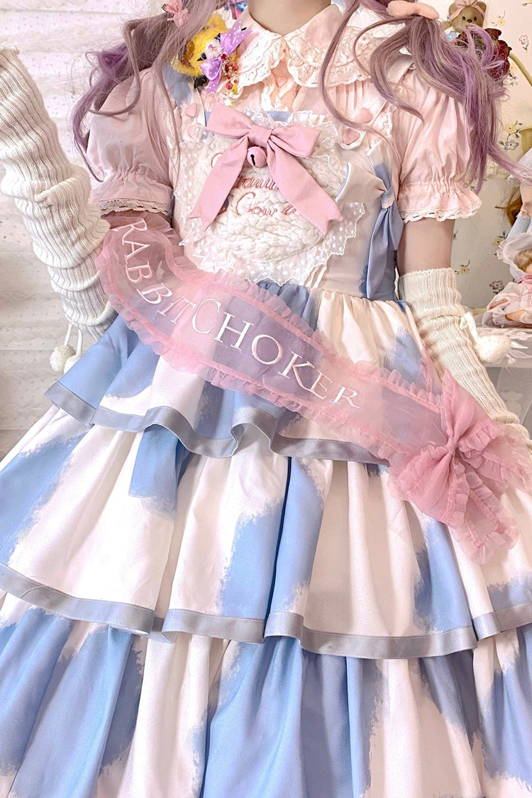 Blue Sleeveless Triple-Layered Cow Print Ruffle Bowknot Sweet (Dress Only) detail view 20