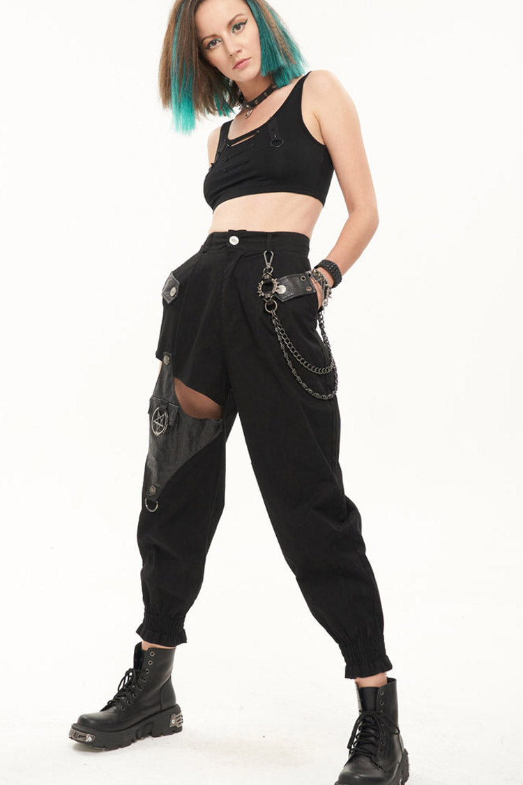 Black Punk Cutout Leather Splicing Detachable Metal Chain Women's Long Pants - Product - 6