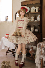 Apricot [Lollipop] Cotton Round Collar Long Lantern Sleeves Polka Dot Printed Ruffled Bow Lace Sweet Elegant Lolita Dress 2 Versions - Product - 19