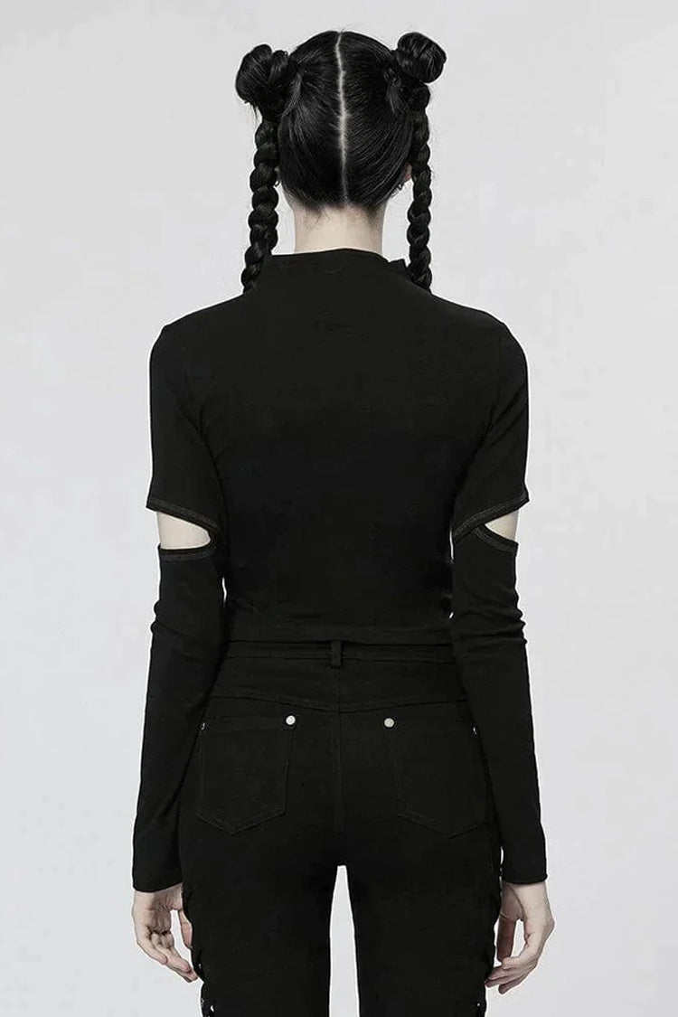 Comfortable Stitching Chain Cutout Turtleneck Ribbon Style Stretch Women's Punk T-Shirt 2 Colors - Product - 5