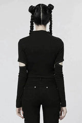 Comfortable Stitching Chain Cutout Turtleneck Ribbon Style Stretch Women's Punk T-Shirt 2 Colors - Product - 5