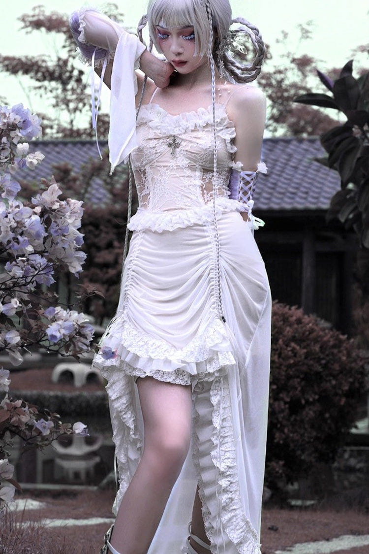 White [Redemption of the Deity] Drawstring Ruffle Embroidery Lace Pleated Gothic Lolita Jsk Dress - Product - 4