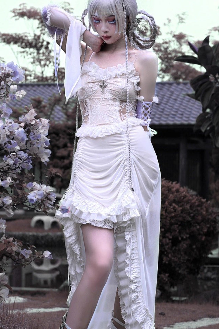 White [Redemption of the Deity] Drawstring Ruffle Embroidery Lace Pleated Gothic Lolita Jsk Dress - Product - 4