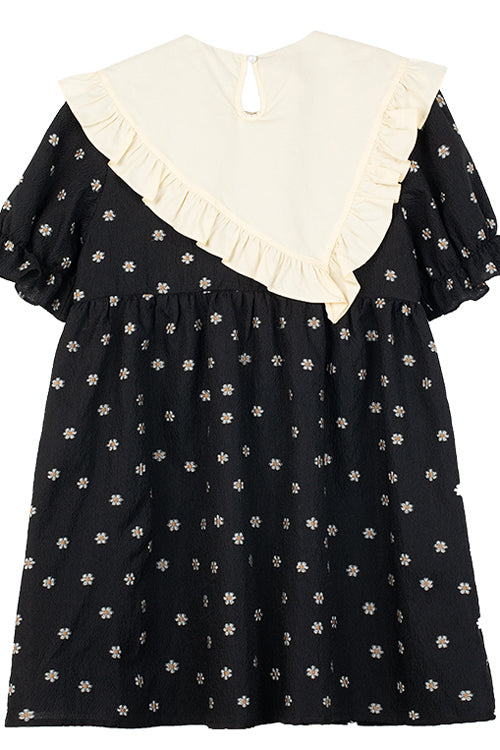 Black Ruffled Splicing Round Collar Bubble Short Sleeves Floral Print High Waisted Sweet Lolita Dress - Product - 10
