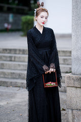 Black Costume Polka Dot Print Classic Hanfu Dress - Product - 2