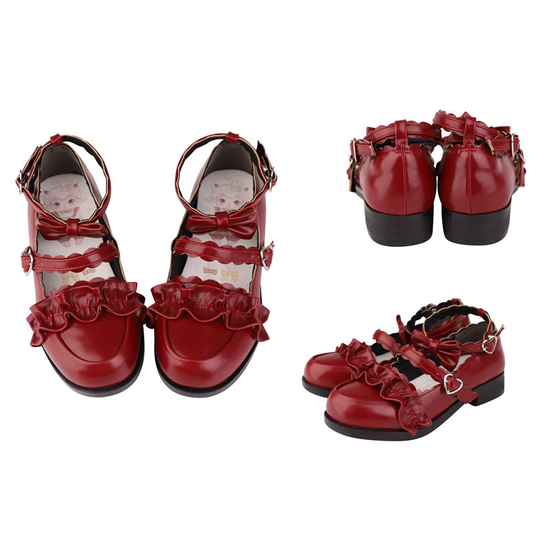 Sweet Ruffle Bowknot Japanese Lolita Shoes 15 Colors - Berry-Red - 17