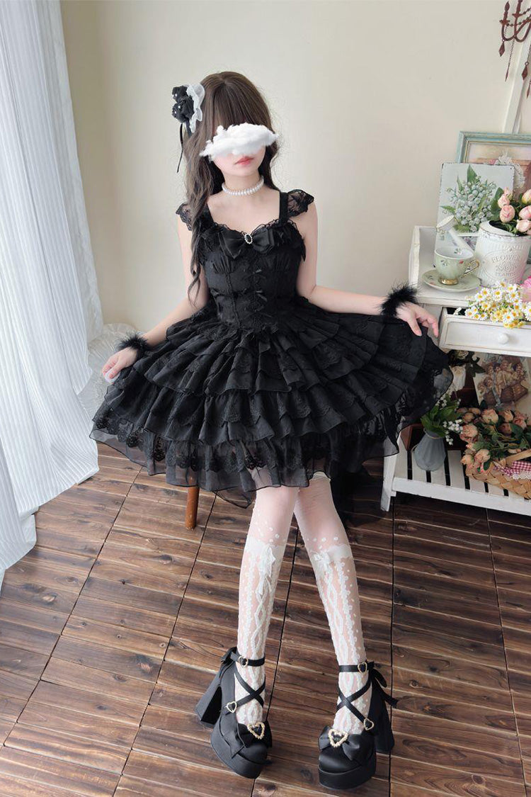 Black [From Broken Wings to Rebirth] Sleeveless Multi-Layered Ruffle Bowknot Lace-Up Gothic Ballet Lolita Jsk Dress - Product - 5