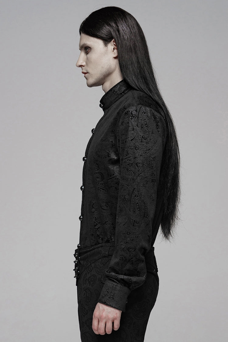 Black Stand Up Collar Long Sleeve Front Gemstone Button Print Men's Gothic Shirt - Product - 2