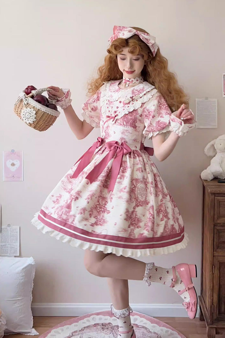 Rose Red [Grape Moon Almanac] Short Sleeves Multi-Layered Printed Ruffled Bow Sweet Lolita Dress - Product - 3