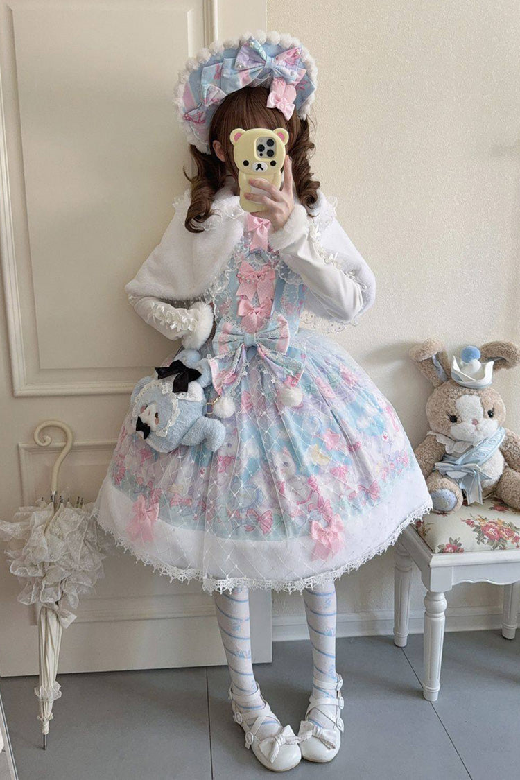 Light Blue [Candy Mary Cat] Printed Ruffled Embroidered Bow Lace Sweet Lolita Jsk Dress - Product - 2