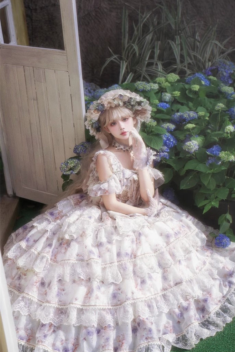 Blue [Rose Letter] Off Shoulder Triple-Layered Print Ruffle Hanayome Sweet Princess Lolita Dress - Product - 7