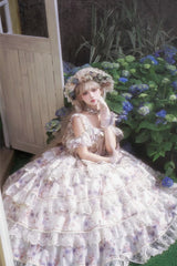 Blue [Rose Letter] Off Shoulder Triple-Layered Print Ruffle Hanayome Sweet Princess Lolita Dress - Product - 7