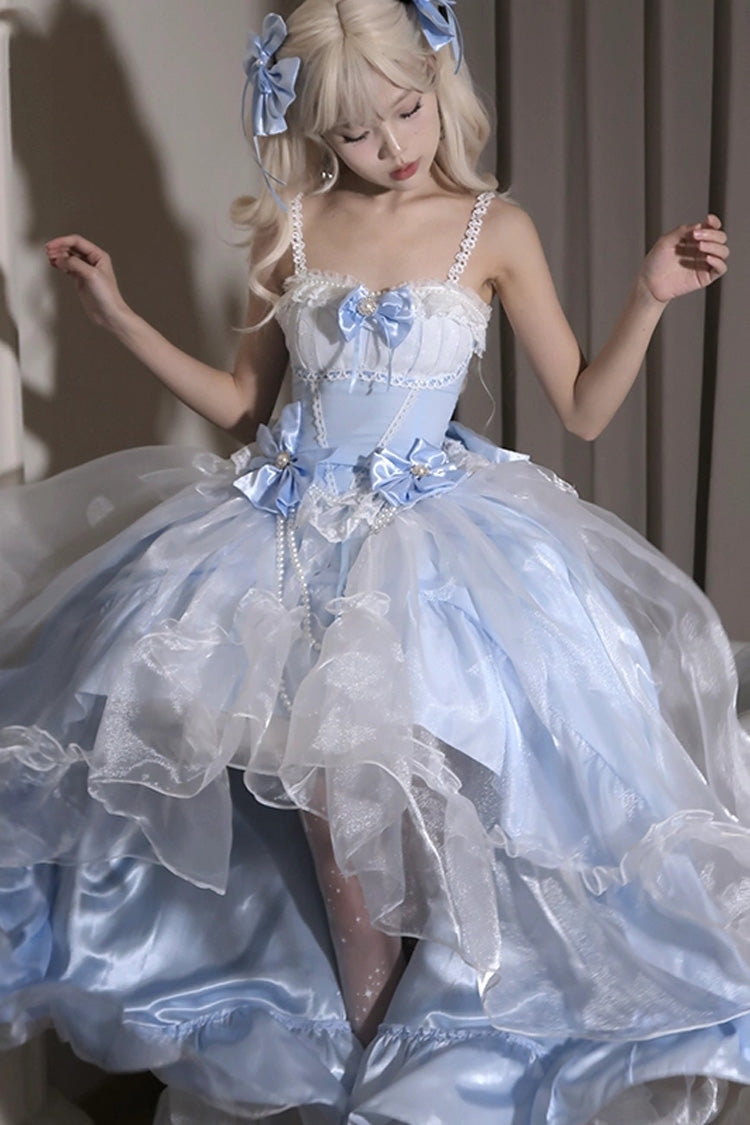 Blue/White Porcelain Printed Ruffled Bow Lace High-low Sweet Plus Size Lolita Jsk Dress(Long Version) - Product - 10