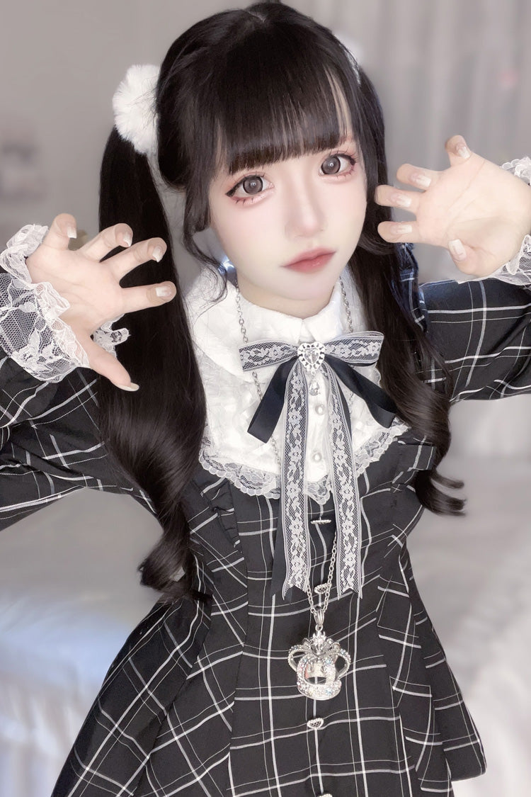 Black/White [Heart-beating Limited] Long Sleeves Plaid Print Print Bowknot Lace Gothic Jirai Kei Dress Set - Product - 3