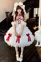 White [Dream of the Misty Moon] Sleeveless Multi-Layered Ruffled Bow Lace Pearl-Decorated Sweet Princess Lolita Jsk Dress - Product - 4