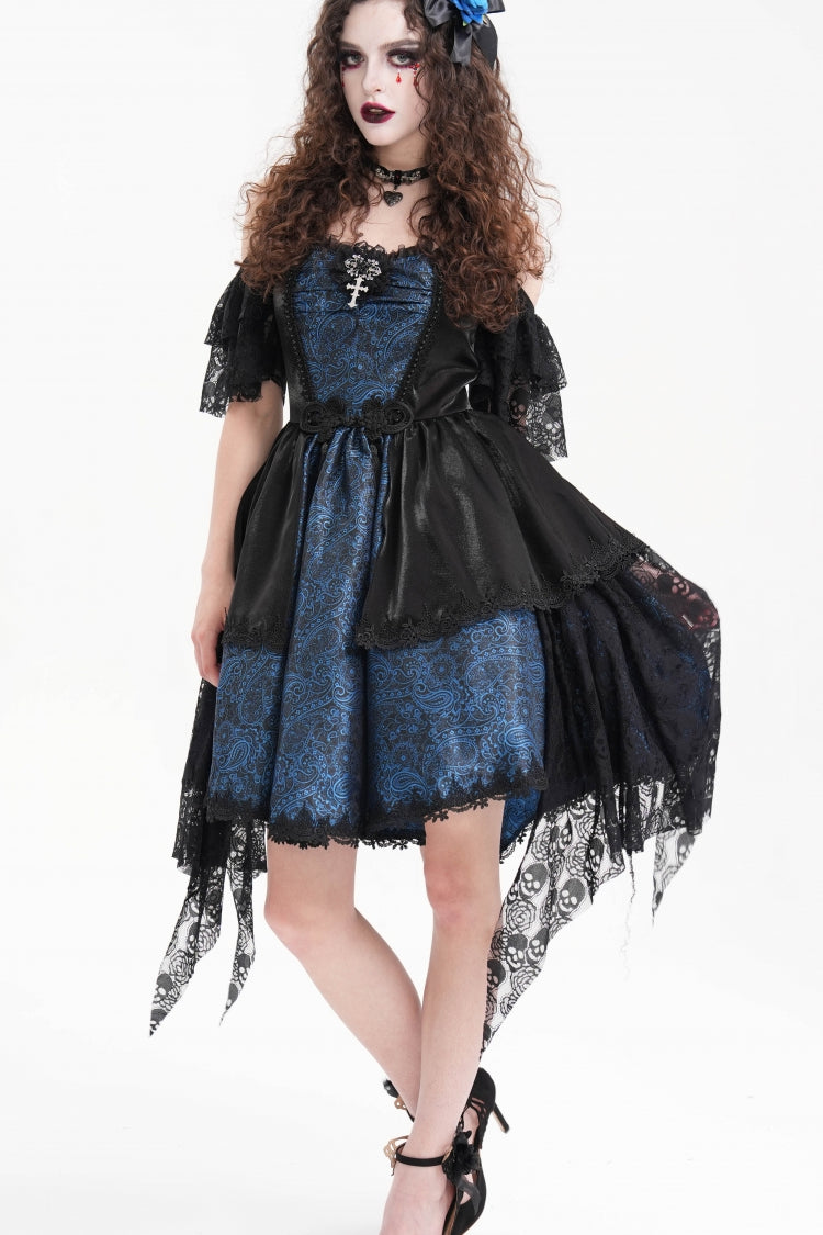 Blue Halterneck Lace Lace-Up Irregular Hem Women's Gothic Dress - Product - 5