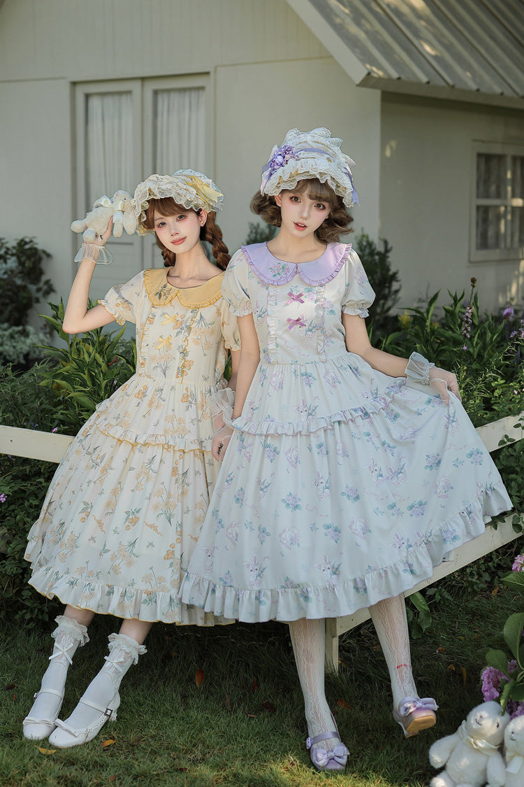 [Breezy Summer Blossoms] Peter Pan Collar Short Sleeves Jacquard Printed Ruffled Embroidered Bow Sweet Lolita Dress 2 Colors (Yellow, Purple) - Product - 7