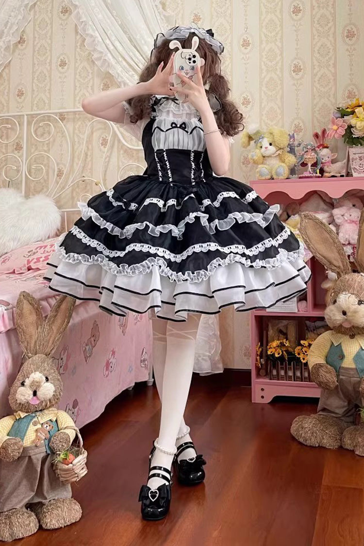 Black Multi-layer Ruffle Bowknot Lace-Up Ballet Style Sweet Princess Lolita Tiered Dress - Product - 2