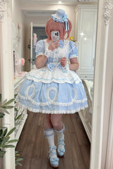 [A Day as a Candy Shop Owner] Peter Pan Collar Short Sleeves Printed Bow Sweet Lolita Dress 3 Colors (Red, Blue, Pink) - Product - 28