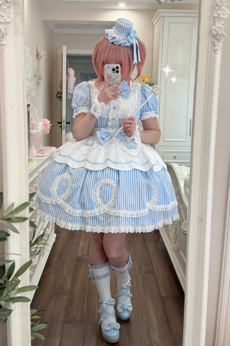 [A Day as a Candy Shop Owner] Peter Pan Collar Short Sleeves Printed Bow Sweet Lolita Dress 3 Colors (Red, Blue, Pink) - Product - 28