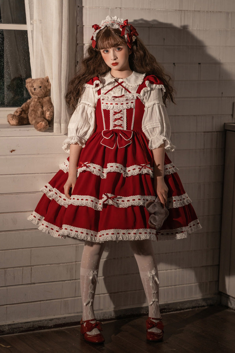 Red Antique Dolls Triple-Layered Bowknot Sweet Lolita Jsk Dress - Red - 1